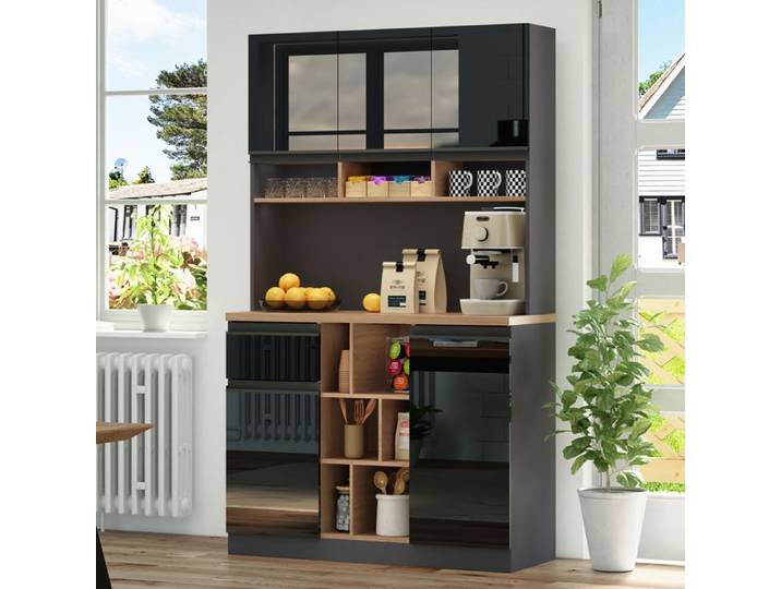 105×45×185cm armoire de cuisine moderne buffet placard gris et noir poignées métalliques étagères réglables tiroirs espace d