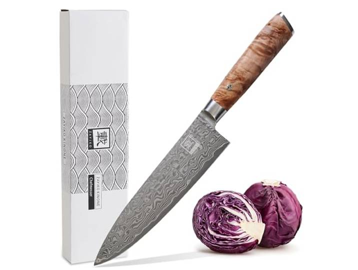 zayiko Kinone Premium Chefmesser mit 20 cm Klinge gefertigt aus 67 Lagen echtem Damaststahl mit Wurzelholzgriff Birke I Damastmesser Küchenmesser und Profi Kochmesser