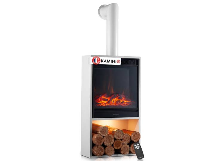 Cheminée électrique KAMINIO HUGO avec tuyau de poêle - Poêle électrique avec chauffage\, effet flammes 3D\, éclairage d'ambiance LED\, compartiment à bois\, télécommande - Blanc