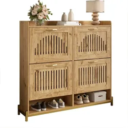 MODFU Schuhschrank 109x24x100 cm mit 4 Türen und Ablage, MDF mit Metallgestell, platzsparender Flurschrank, Holzfarbe