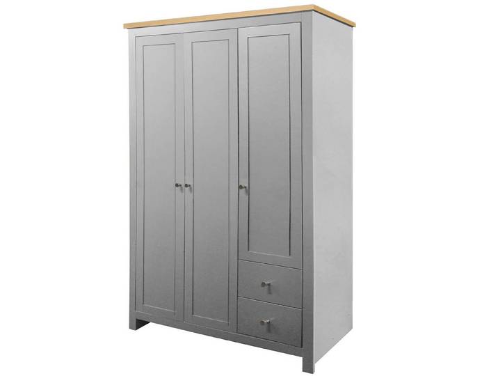 loft24 Kleiderschrank Eddie - Dielenschrank Drehtürenschrank Garderobenschrank 3 Türen, 2 Schubladen, MDF, Landhausstil, mit Kleiderstange