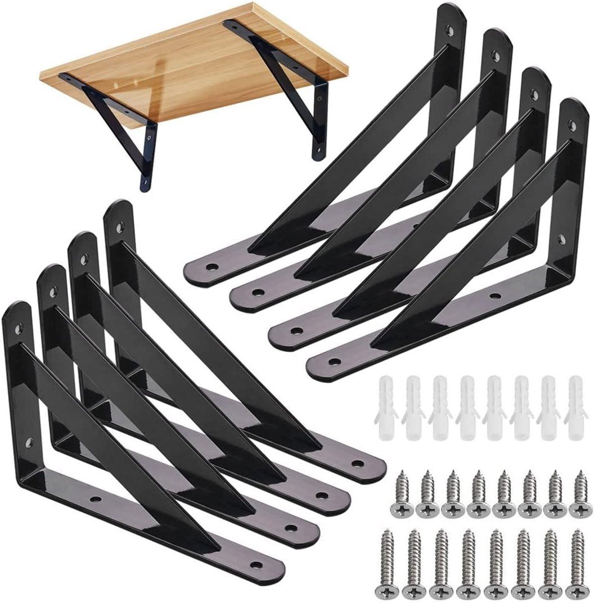 Zwarte robuuste stalen plankhouders met wandsteunen van 150 x 95 mm