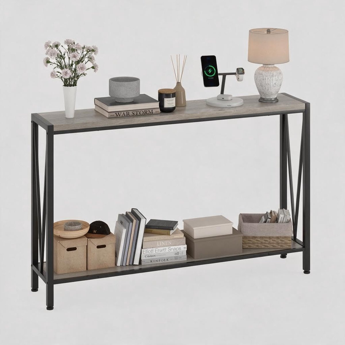 HOERFURIY Industriële Consoletafel Smal - Haltafel met 2 Lagen - Grijs