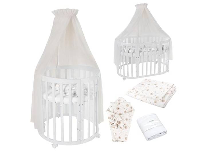 waldin Babybett Oval 7in1, Matratze, Rollen, Regal, Weiß Champagner Löwenzahn, Mitwachsend, Beistellbett aus Holz, Wiege optional