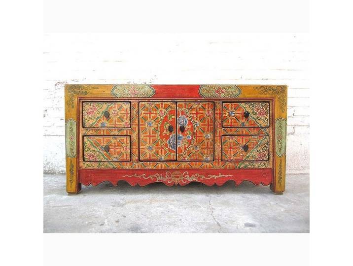 Luxury-Park-Direct Kommode China bunt bemaltes Lowboard Folklore look Pinienholz.Luxury Park