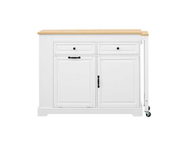 Îlot central mobile – plan de travail extensible roulettes rangements et tiroirs – blanc et naturel