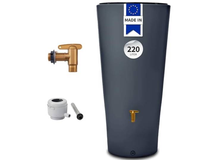 4rain Vaso Recuperateur d Eau de Pluie Kit 2en1 220L Graphite Robinet PE Imitation Laiton\, bac à Plantes intégré\, collecteur Eco Gris