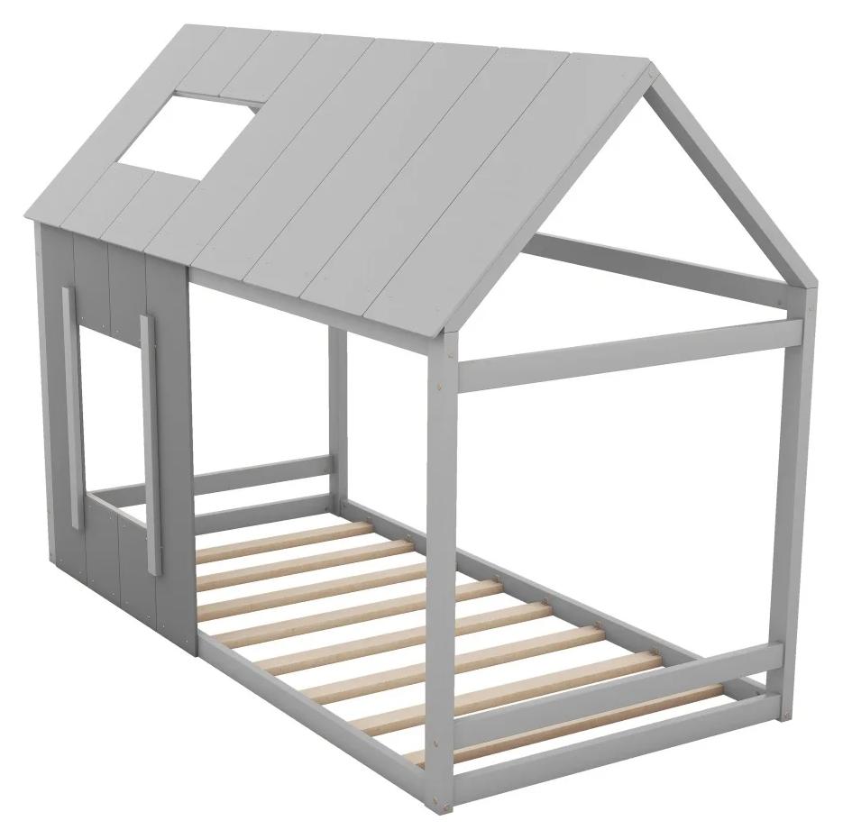 Kinderbett - Hausförmiges Einzelbett - 90 x 200 cm - Mit Dach und Fenster - Kiefernholz - Grau