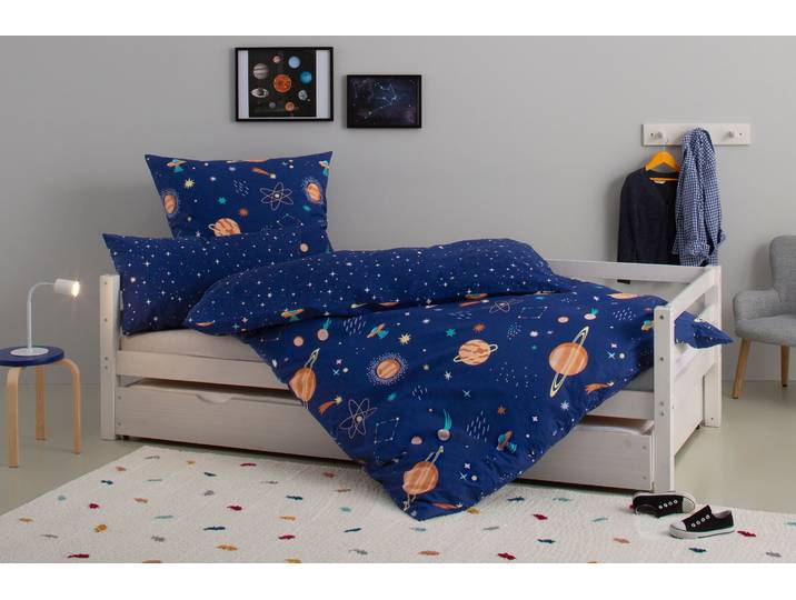 Kinderbettwäsche GOODPRODUCT CUDDLEE , blau (weltall), B/L: 135cm x 200cm, 1 Stk., 1 Stk., Biber, B/L: 80cm x 80cm, 2, Biber, Obermaterial: 100% Baumwolle, Bettwäsche, Kinderbettwäsche, in vielen Designs: Dino,Einhorn,Weltraum,Baustelle,Herz,Trecker,Safari