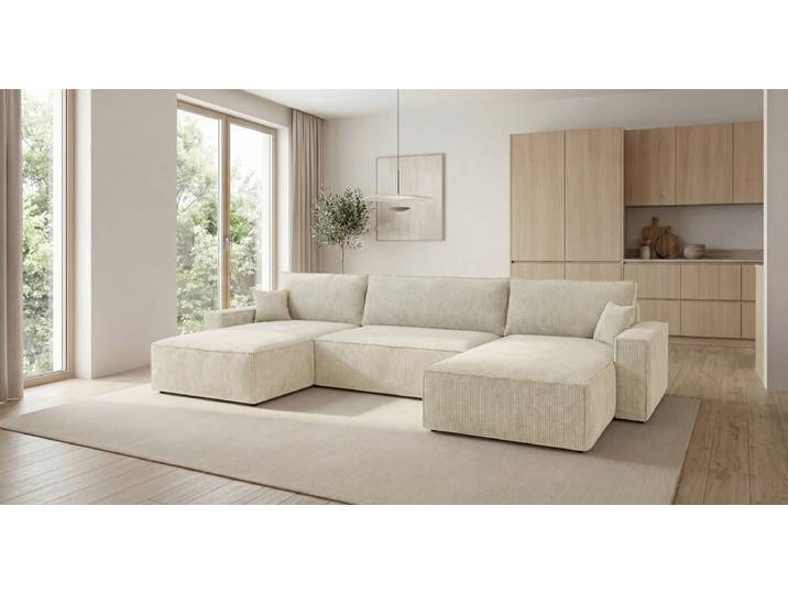 Designer Sofa Vienna U mit Schlaffunktion und Stauraum in Cord - Beige - Cord - Luxusbetten24