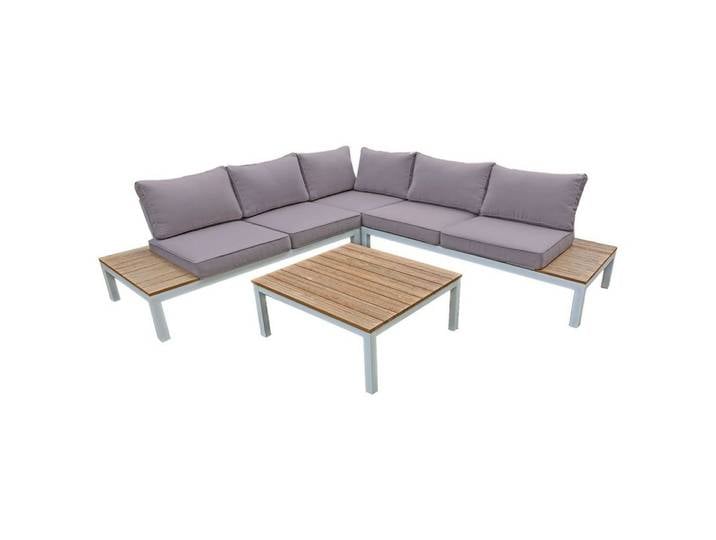 Lomadox Garten-Essgruppe HGA-120, Eckbank mit Tisch, Holzoptik, Kissen in grau