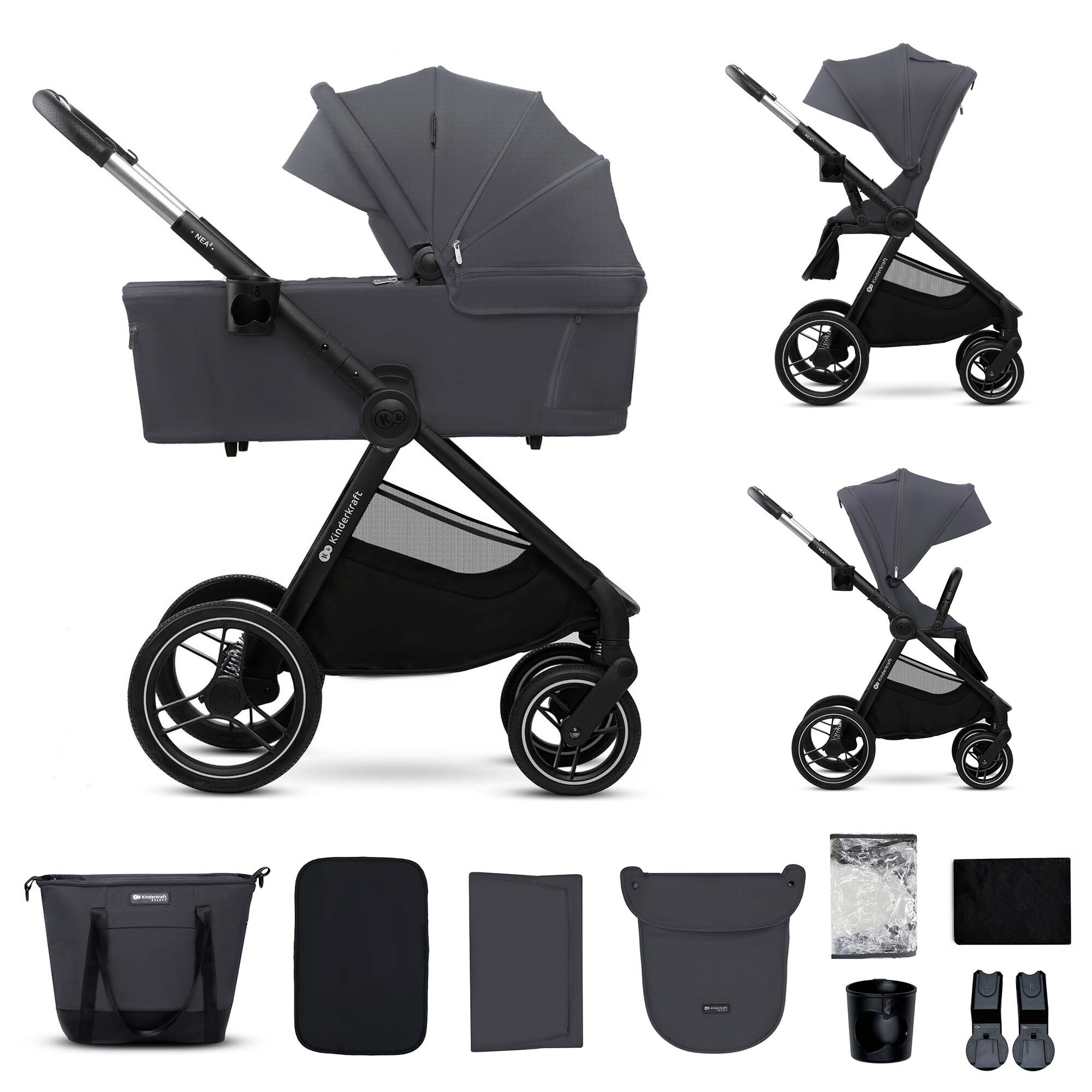 Kinderkraft NEA 2 - Kinderwagen 2-in-1 - bis 27 kg - Babywanne & Buggy - pannensichere Räder - wasserdichtes Verdeck UPF50+ - faltbar wendig - Grau