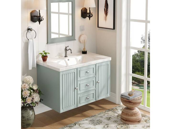 Meuble sous vasque 78.5×46×46.8cm avec lavabo et 3 tiroirs meuble sous-vasque suspendu Grand espace de rangement vert