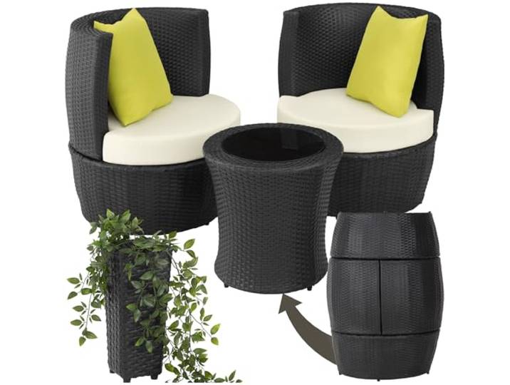 tectake® Rattan Set 2 Personen, Balkonmöbel, Aluminium Gartenmöbel Set, Outdoor Sitzgruppe mit 2X Stuhl, 1 Beistelltisch rund, 1 Vase, platzsparend zusammenschiebbar, mit Polster und Kissen - schwarz