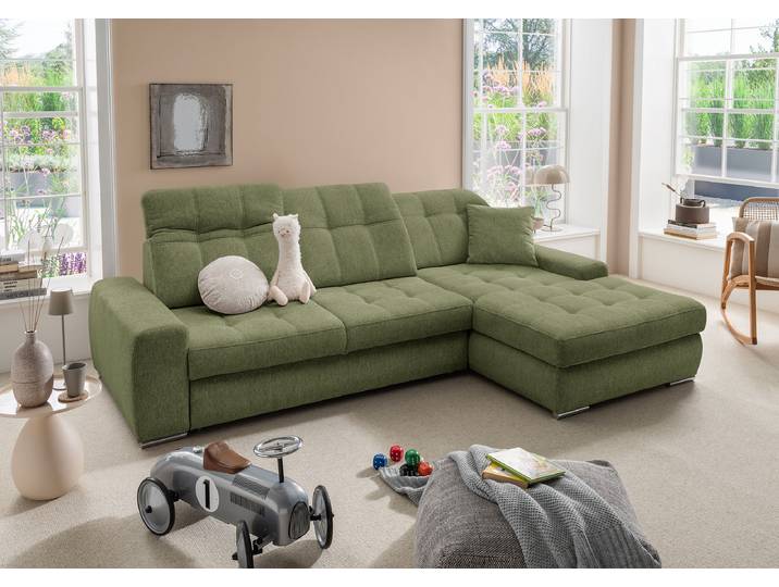 Ecksofa mit Schlaffunktion Grün Webstoff Jimin 186 x 101 x 283cm Longchair davorstehend rechts mit Schlaffunktion Basic