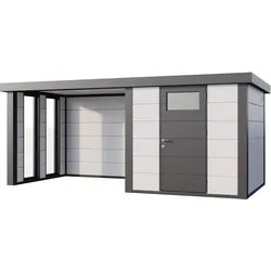 Telluria Metallgerätehaus Classico 2424 mit Lounge Anbau inkl. 2 Fenster weiß Lounge-Anbau links