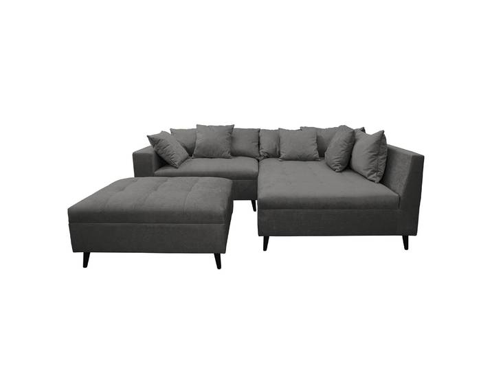 Ecksofa PRUNO mit Hocker Grau/Grau Flachgewebe Tora 247 x 80 x 174cm Ottomane davorstehend rechts Modern