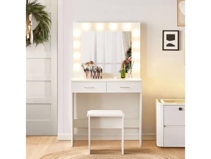 CLIPOP Schminktisch mit Hollywood LED Lichtern, Frisiertisch mit 2 Schubladen und Hocker, Modern Frisierkommode Kosmetiktisch Make-up Tisch Modern für Schlafzimmer aus Holz,Weiß