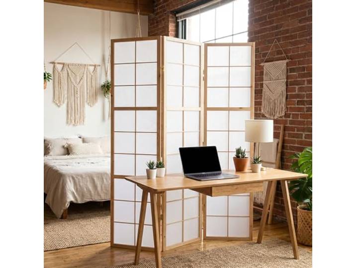 Homestyle4u 279, Paravent Raumteiler Innen 3 teilig, Holz Natur Reispapier Weiß Raumtrenner Sichtschutz Shoji Trennwand