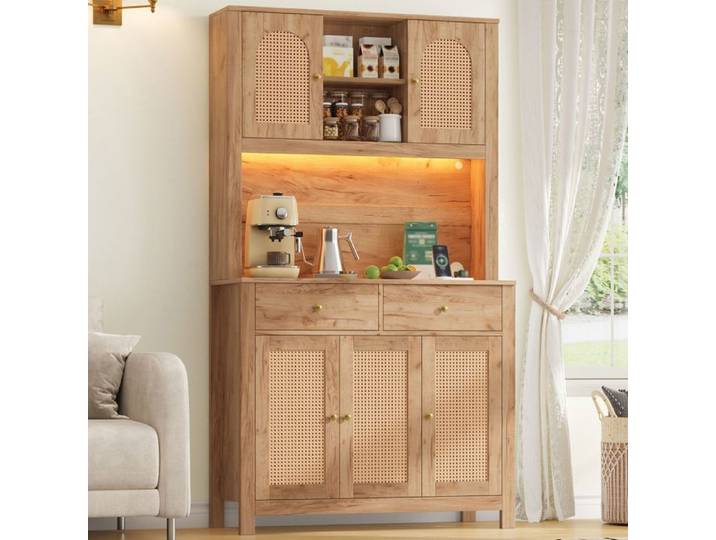 Buffet 100x40x180cm Naturel 5 Portes Rotin - Buffet Haut - Station Charge USB Type-C LED App 2 Tiroirs Poignées Dorées MDF