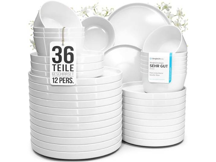 Porzellan Geschirrset 12 Personen Crystal 36 tlg. TESTSIEGER, Cooles klares Porzellan Geschirr Set, Schüssel- und Teller Set, Tafelservice 12 Personen, Geschirrsets Pure Living in weiß