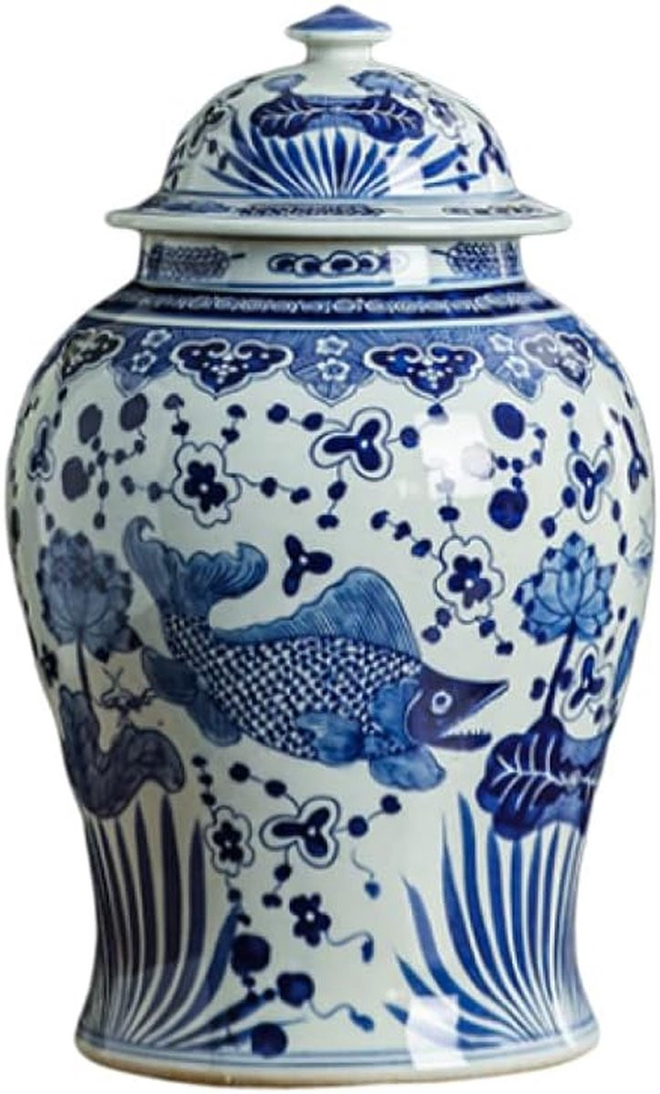 Handgeschilderde blauwe keramische gemberpot met deksel, Hoogte: 45 cm