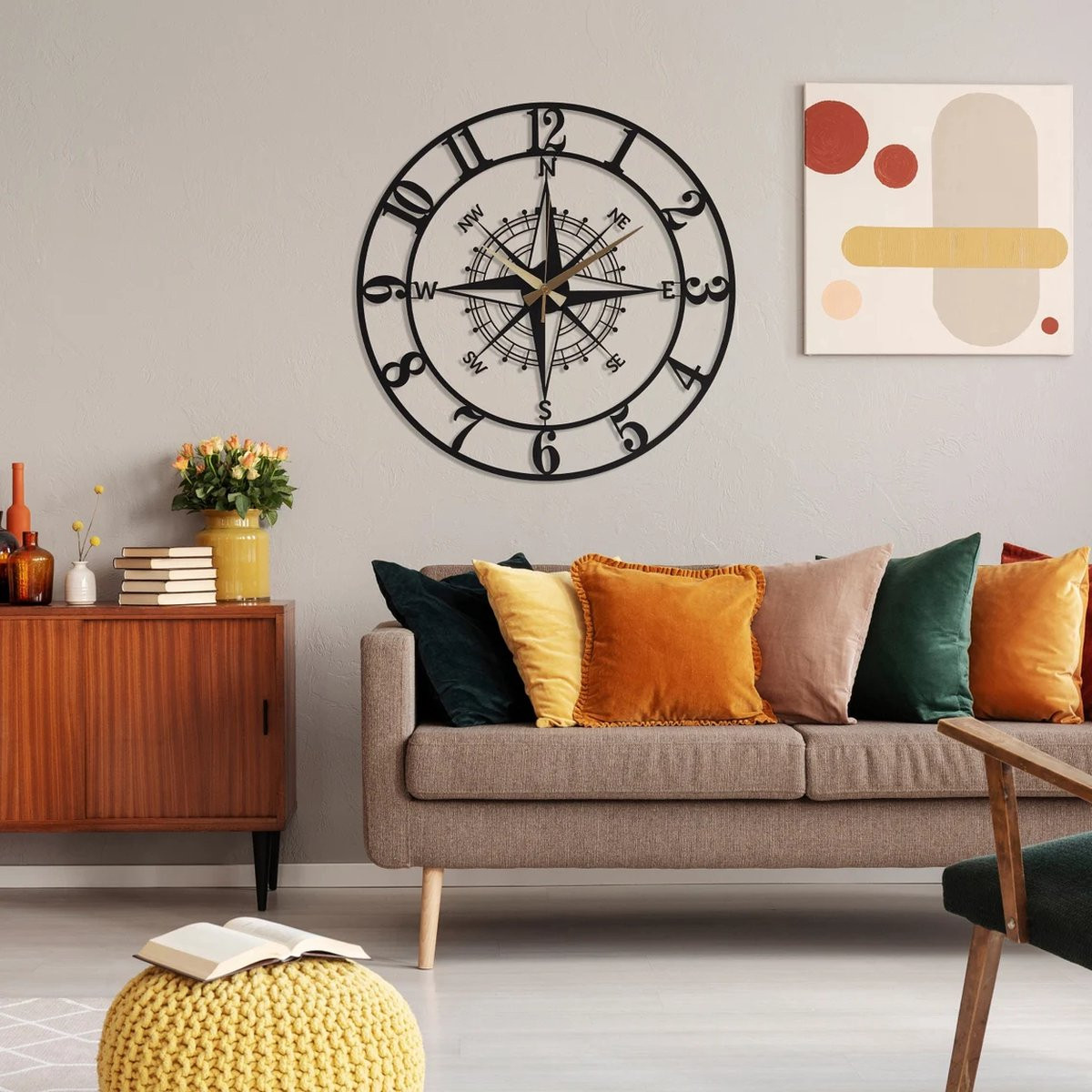 Metalen Wandklok Kompas – Industriële Wanddecoratie – Zwart – Diameter: 70 cm