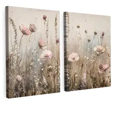 LEINWANDBILD 2er Set Blumen - Beige - Modern - Rosa 100x70 cm