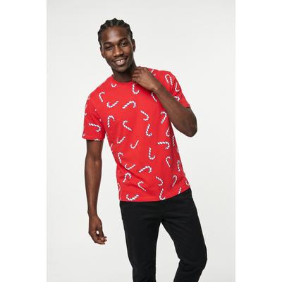 T-Shirt ONLY & SONS "ONSKLAUS REG SS TEE", Herren, Gr. L, rot (adrenaline rush aop:candy cane), Jersey, Obermaterial: 100% Baumwolle, bedruckt, regular fit, Rundhals, Shirts T-Shirt