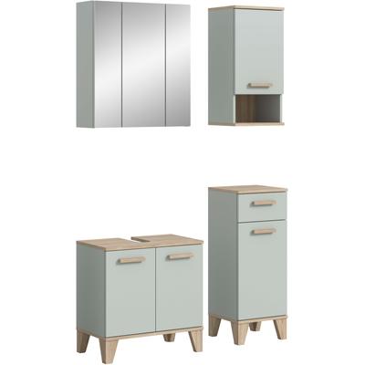 Badmöbel-Set WELLTIME "MINTTU, 4-teilige moderne Badkombination im SCANDI-Look", grün (hellgrün, eiche hell nachbildung), B:109cm H:190cm T:34cm, Kastenmöbel-Sets, Badmöbel-Set, Bad-Kombination, Bad-Möbel, Badezimmer, Kombination, Kombi, Bad-Set
