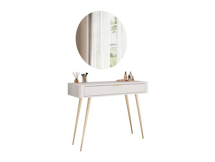 SCHMINKTISCH SCARLETT MIT RUNDEM LED-SPIEGEL BEIGE + GOLD