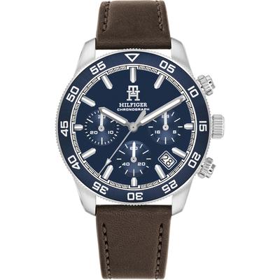 Chronograph TOMMY HILFIGER "TH85 CHRONOGRAPH", braun (braun, dunkelblau), Armbanduhren, Herren, Chronograph, Quarzuhr, Armbanduhr, Herrenuhr, Lederarmband, analog, Tag