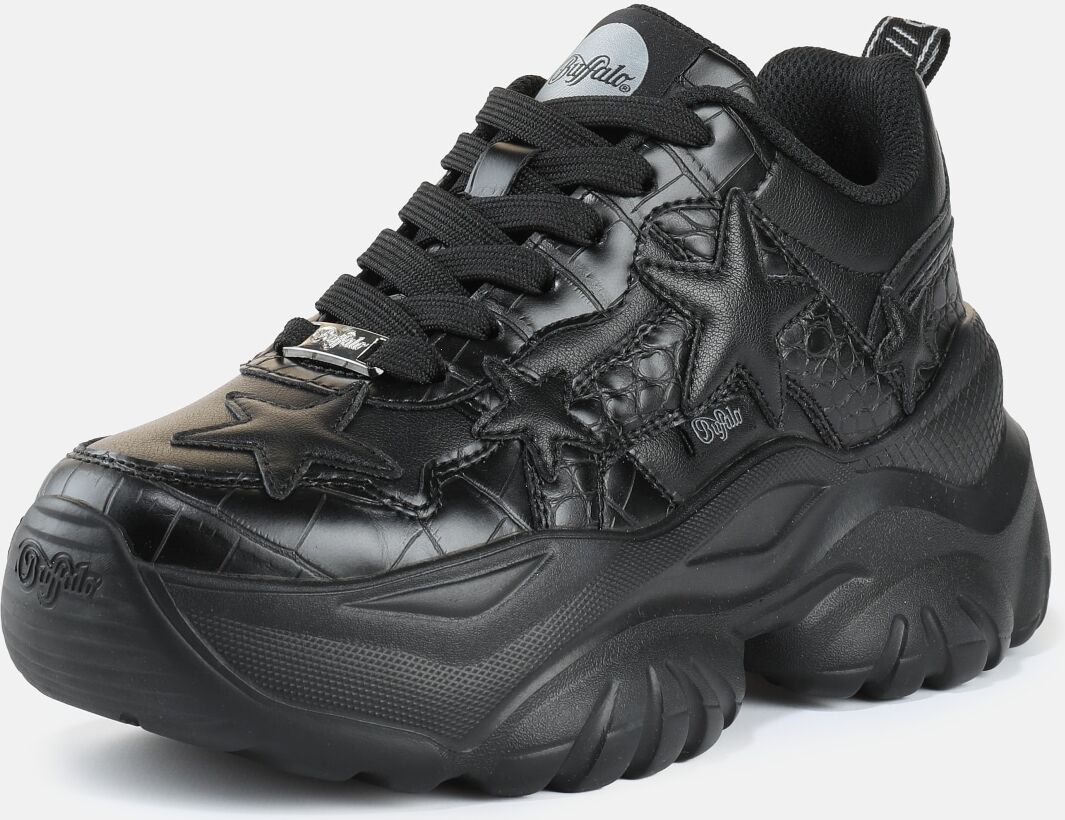 Plateausneaker BUFFALO "BLISS STAR", Damen, Gr. 37, Textil, schwarz, Lederimitat, Schuhe Plateausneaker, Chunky-Sneaker mit Stern-Applikation seitlich