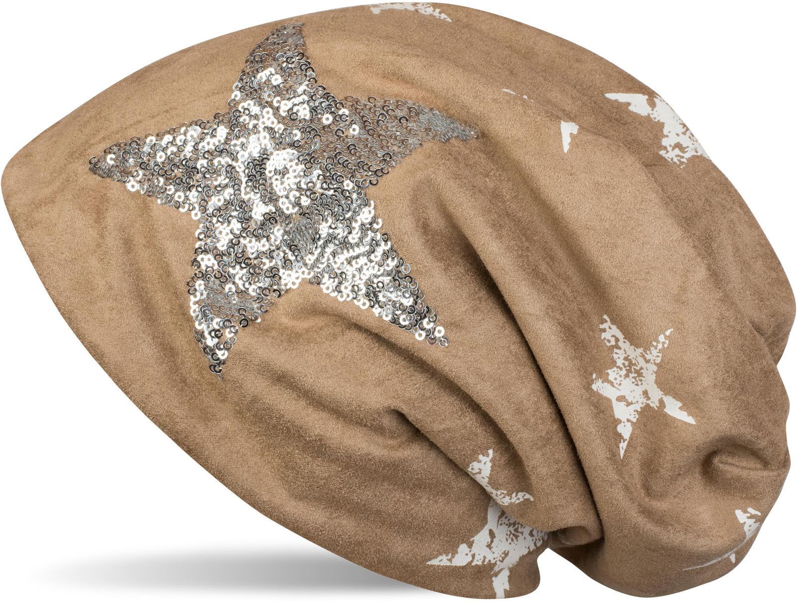 Beanie STYLEBREAKER "Beanie in Veloursleder Optik mit Pailletten Stern", Damen, braun, 100% Viskose CV., Modisch, Mützen Beanie
