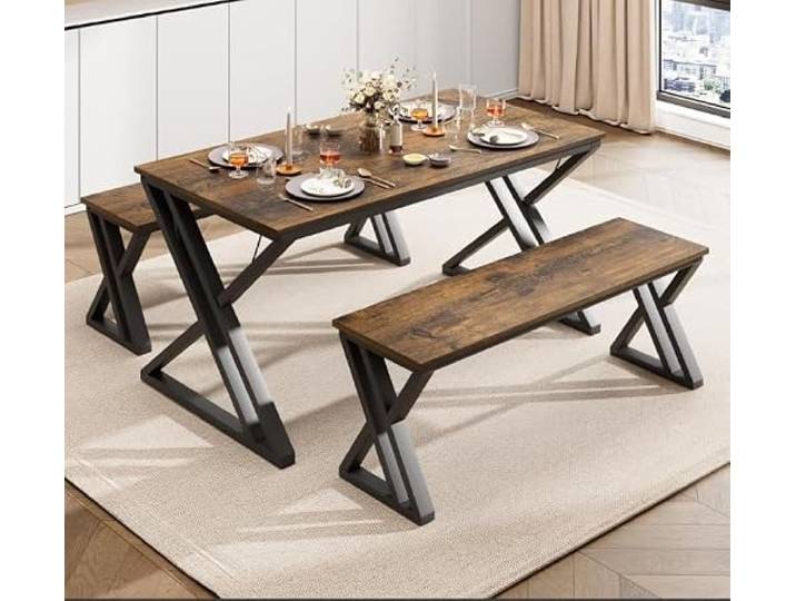 Garvee Essgruppe Für 4 Personen Mit Tisch & 2 Bänken, Metallrahmen Platzsparendes Esstisch-Set mit X-Metallgestell für Küche, Esszimmer, Studio und kleine Räume