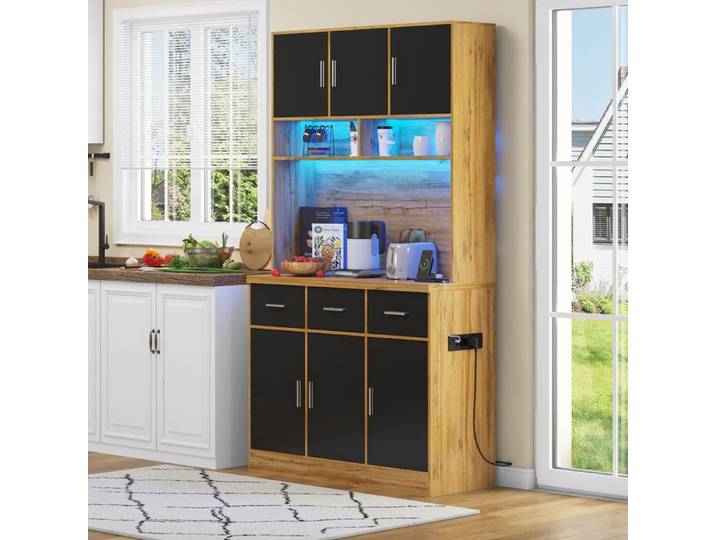Armoire de cuisine - Becag - Buffet de cuisine avec LED et prises électriques - Armoire haute avec 6 portes - 100x40x180cm - Noir