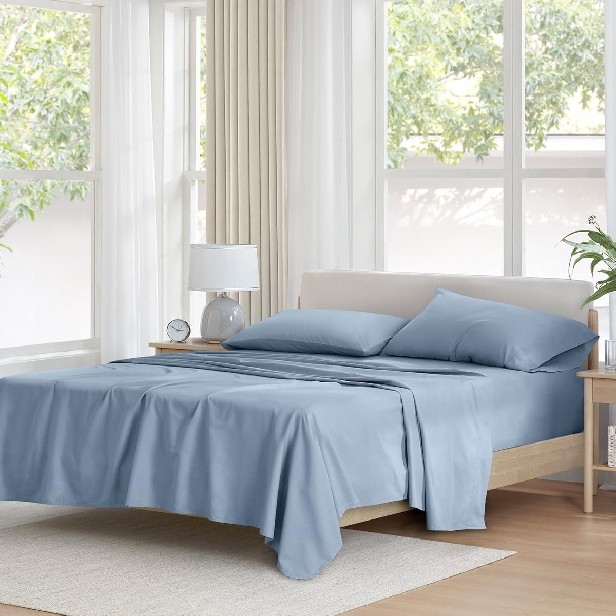 Comfort Spaces 4-delige katoenen beddengoedset met hoeslaken en kussenslopen, blauw, Full maat