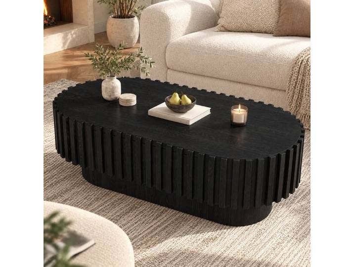 Table Basse Ovale 100x50x35 5 cm avec 1 Tiroir Rangement Caché Décor Lamelles Table de Salon Noir