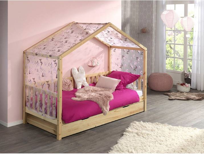 Hausbett VIPACK Dallas, mit Dachaufbau, Kiefer massiv, stabil gebaut , beige (natur), B:97cm H:170cm L:210cm, Textilhimmel 100% Polyester, Betten, Hausbett, wahlweise mit oder ohne Bettschublade und Textilhimmel