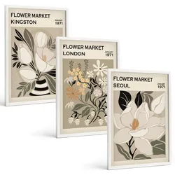 BILDER SET 3er Set - 40x60 cm Weißer Rahmen - Retro-Blumen aus Städten rund um die Welt