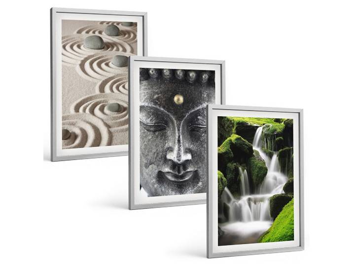 BILDER SET 3er Set - 40x60 cm Silberner Rahmen - Der Frieden der Steine des Buda Zen-Wasserfalls
