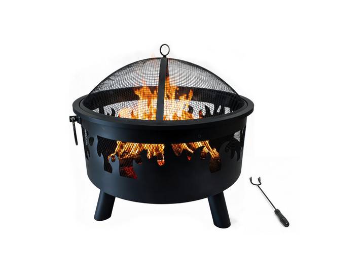 Relaxdays Feuerschale Schwarz Stahl mit Funkenschutz 62x66 cm, Metall, 66x62x66 cm, Gartenmöbel, Balkonmöbel