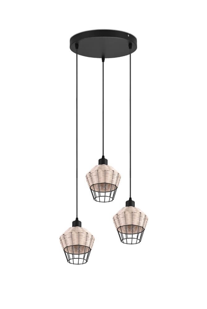 Reality Leuchten Borka hanglamp Trio - Rotan en metaal - Zwart/Bruin