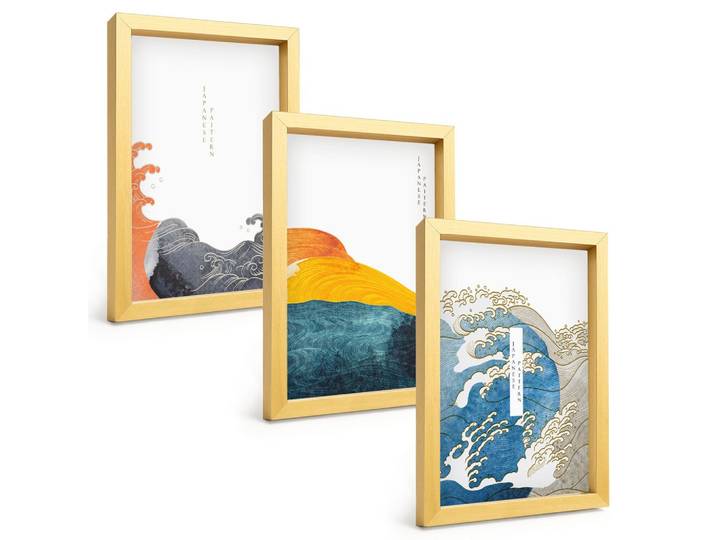 BILDER SET 3er Set - 20x30 cm Goldrahmen - Wellen des japanischen Grafikstils