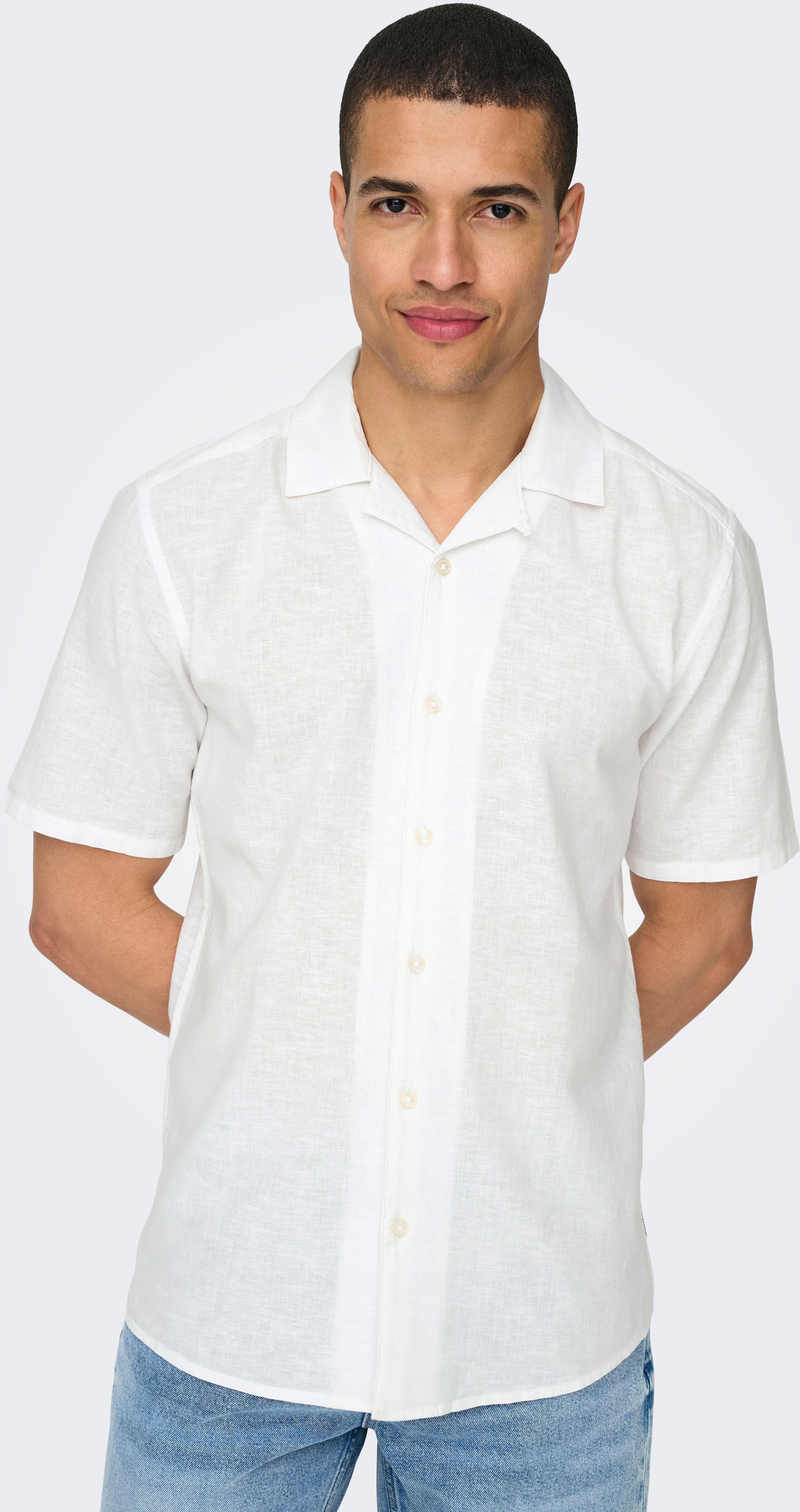 Kurzarmhemd ONLY & SONS "ONSCAIDEN SS SOLID RESORT LINEN NOOS", Herren, Gr. M, N-Gr, weiss (weiß), Web, Obermaterial: 55% Baumwolle, 45% Leinen, unifarben, slim fit, Hemden Kurzarmhemd weiß M, N-Gr