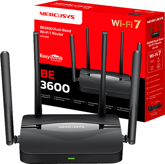 Router - Mercusys MR25BE, Wi-Fi 7 AX3600 de Doble Banda, Puerto 2.5G, 4 Antenas Externas, Compatible con EasyMesh y Multi-Link Operation (MLO), Negro