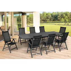 OUTFLEXX Garten-Essgruppe, OUTFLEXX® anthrazit matt, Alu / Spraystone / Textil, Tisch 180/280x100cm, 8 Klappstühle