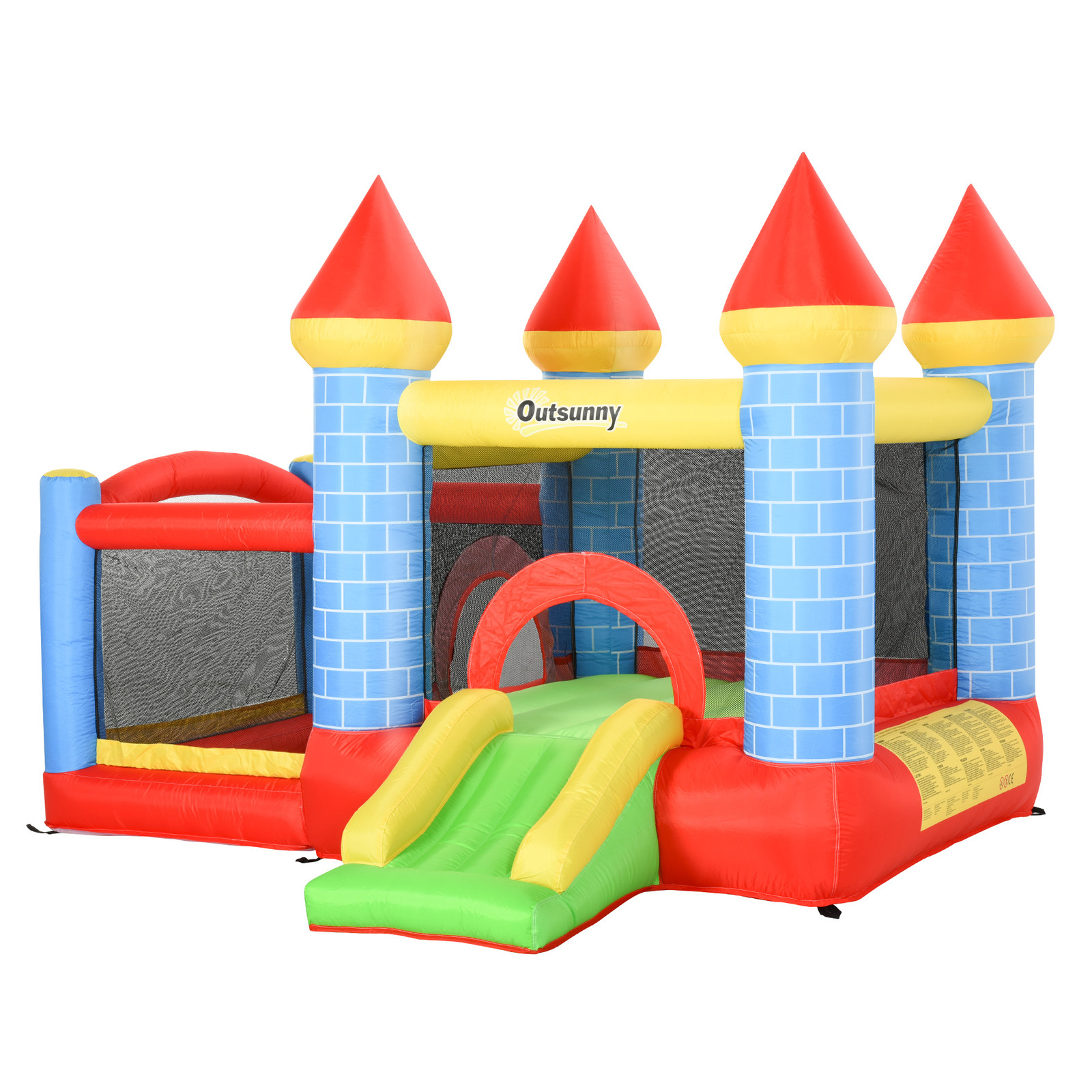 Outsunny opblaasbaar springkasteel met glijbaan en blazer voor 3 kinderen, blauw/geel/rood