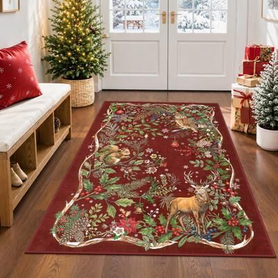 BLUEBELL Washable Christmas Woodland Animal Area Rug & Runner, Non-Slip Low-Pile Holiday Floor Mat