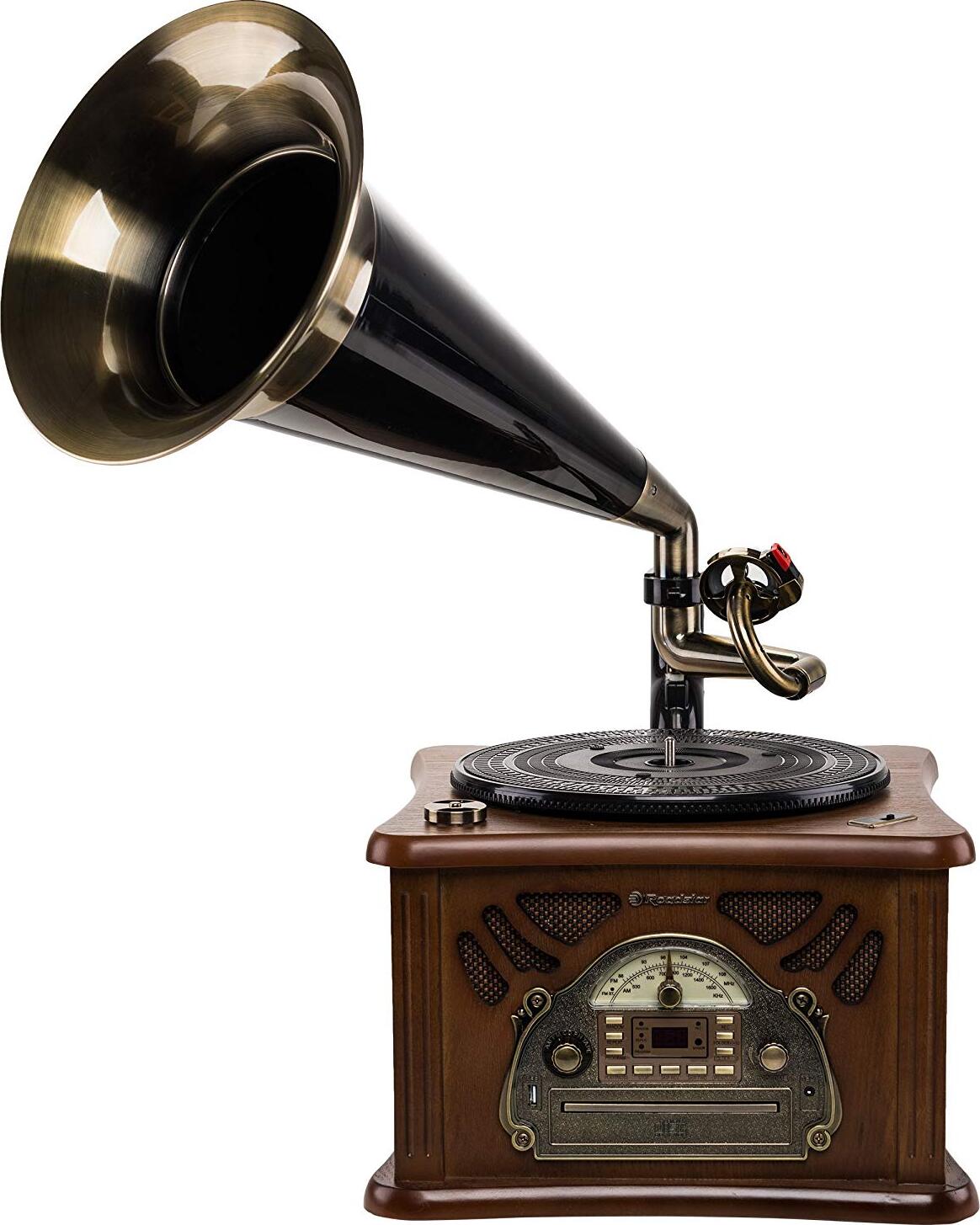 Retro-HiFi Anlage mit Platten-/Kassettenspieler, CD/MP3-Player, UKW/MW-Stereoradio, USB/AUX-IN, Encoding und Horn-Lautsprecher